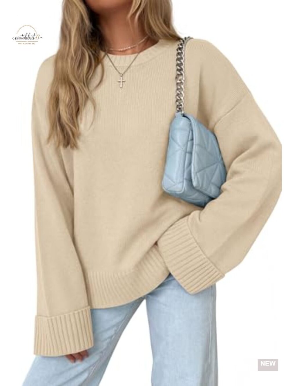 Oversized Crewneck Long Sleeve Pullover Sweater Ribbed Trim Wrinkle Resistant